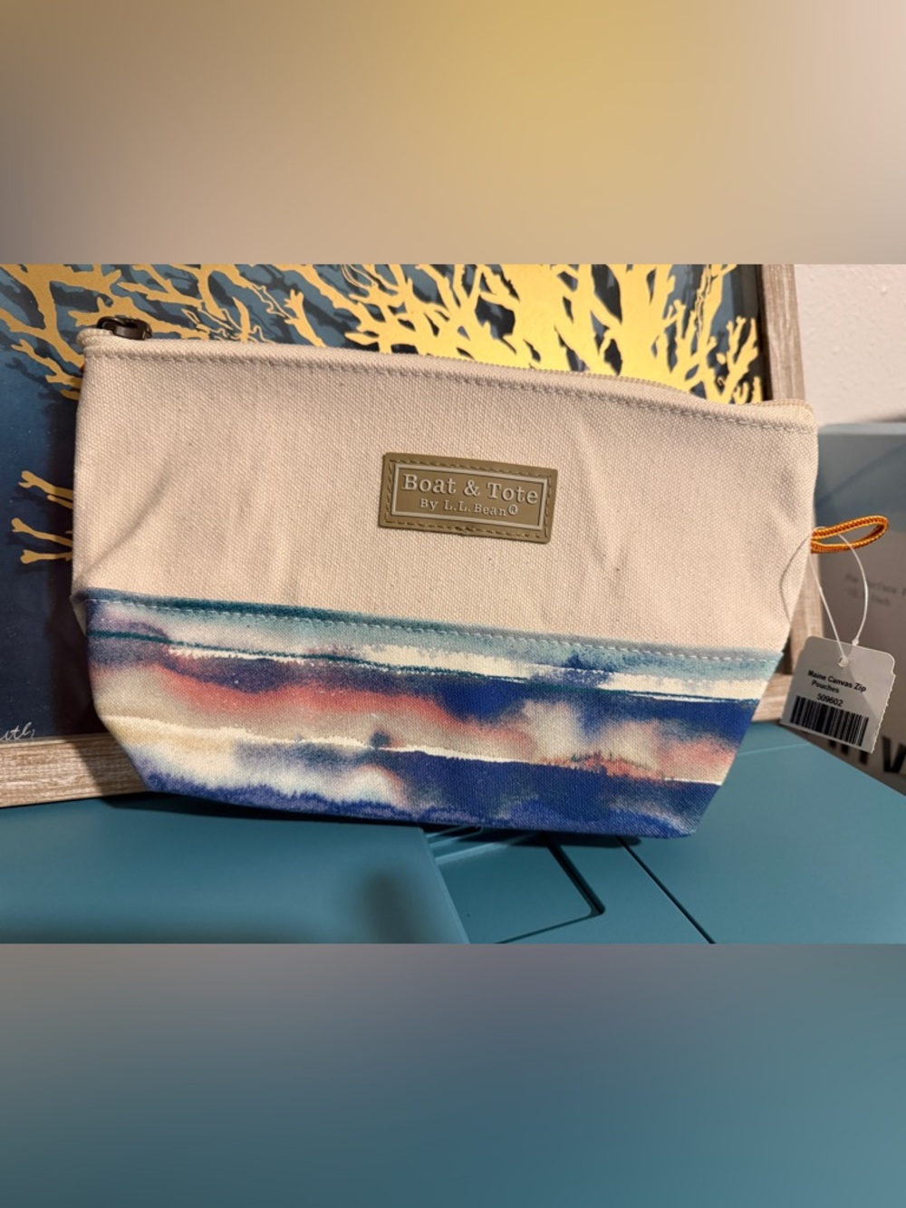 L.L. Bean Boat & Tote Canvas Pouch in Cream and Blue Watercolor